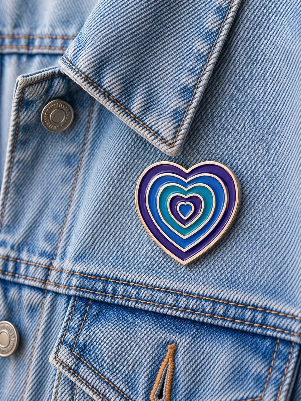 Blue Layered Heart Enamel Pin Y2K Retro Gold Outline Brooch NWT